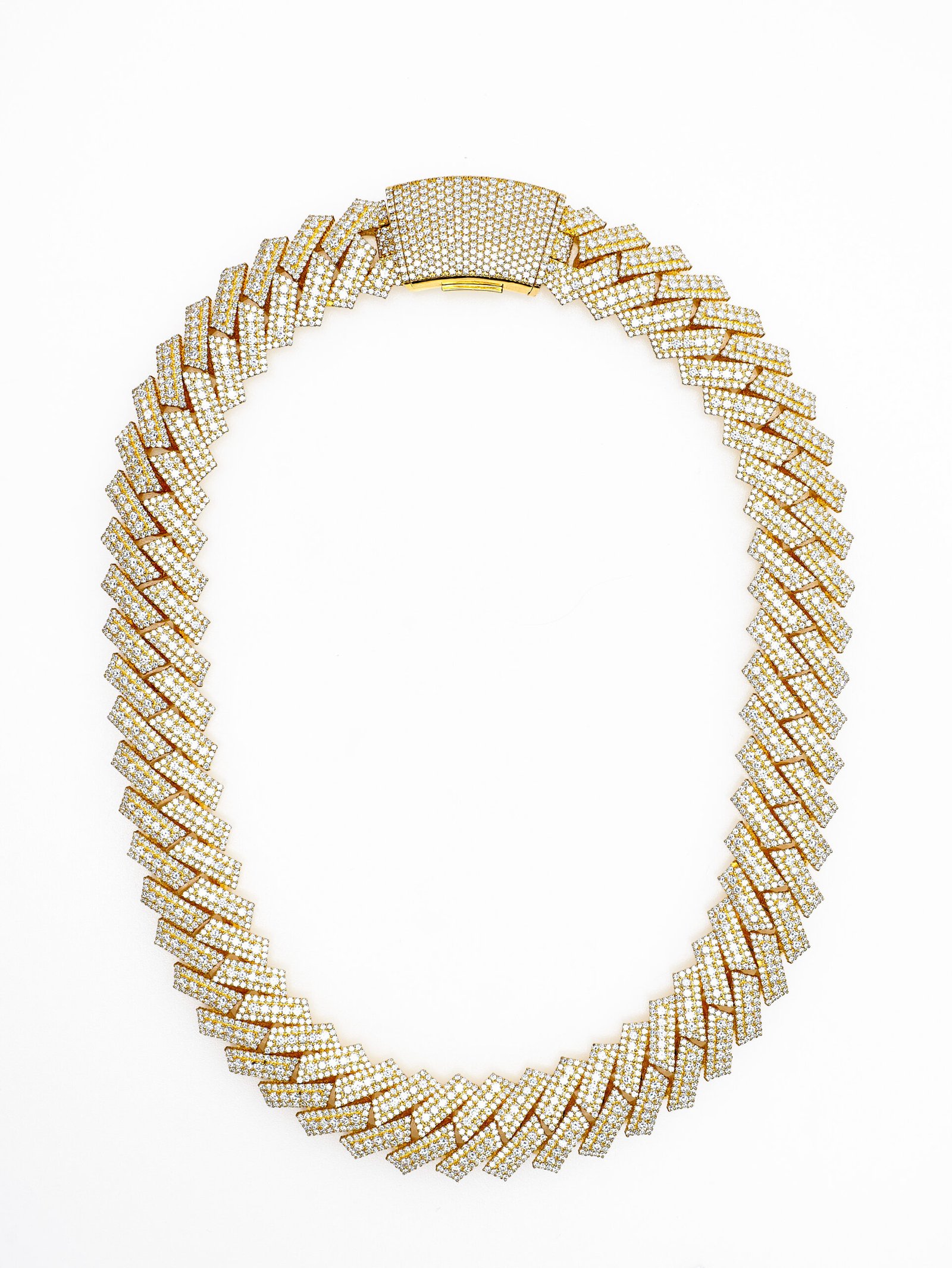 14K Gold Fully Iced Diamond Chevron Link Necklace Chain – 49.5CT