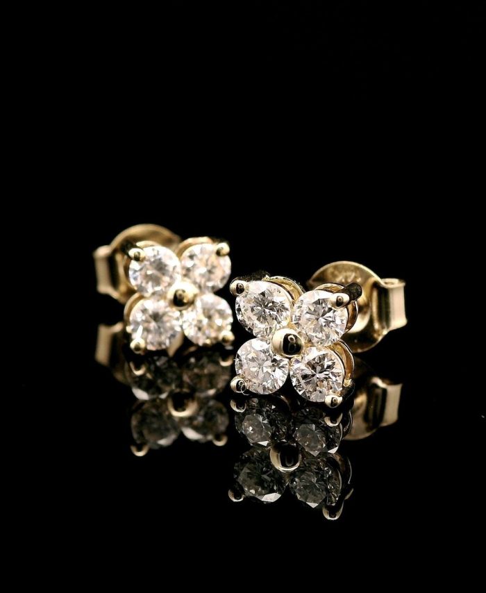 Yellow Gold Round Diamond Floral Studs