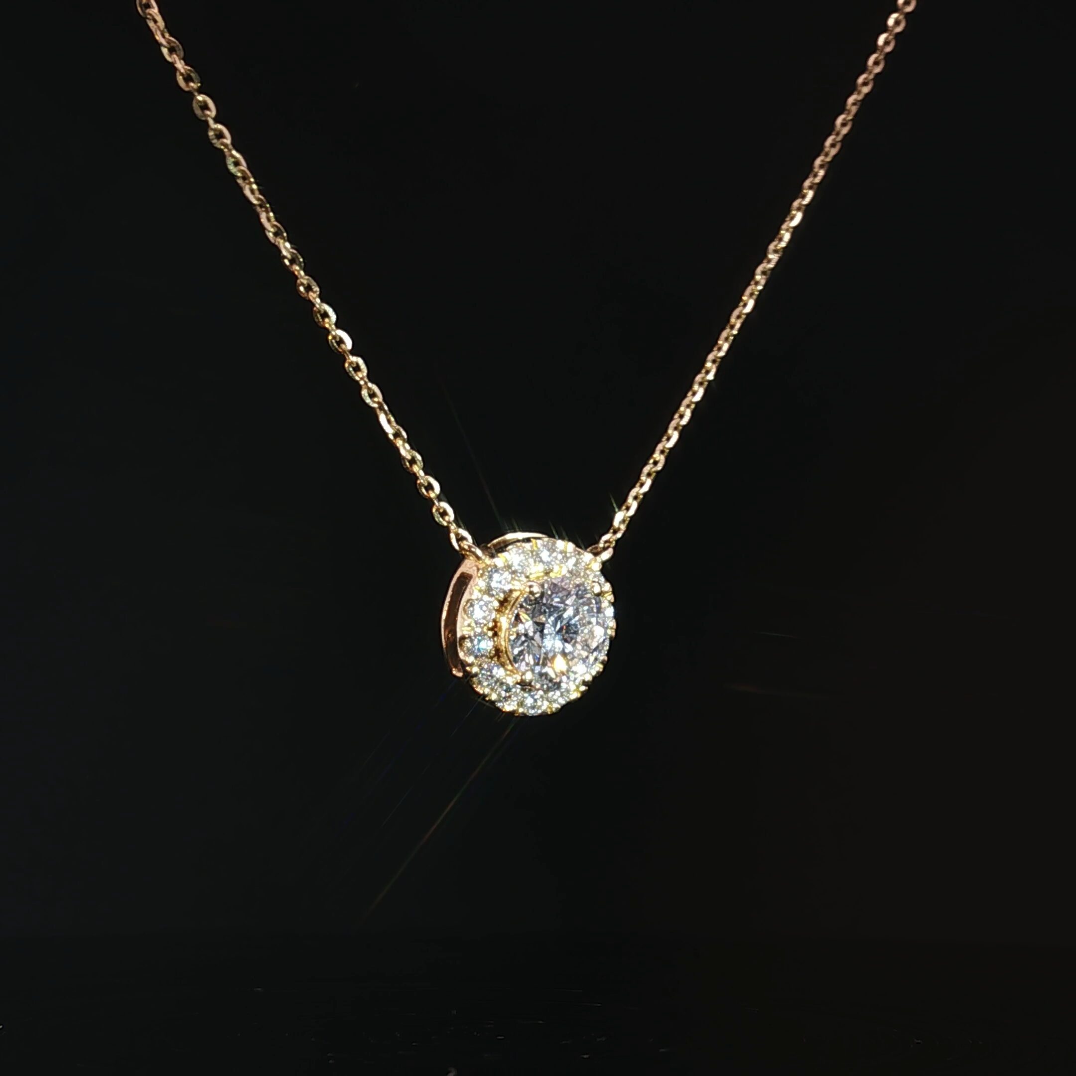 14K Round Diamond Halo Necklace