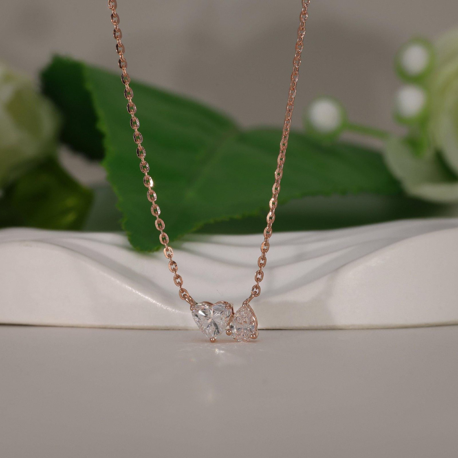 Heart & Pear Cut Rose Gold Toi Et Moi Diamond Necklace - Image 2