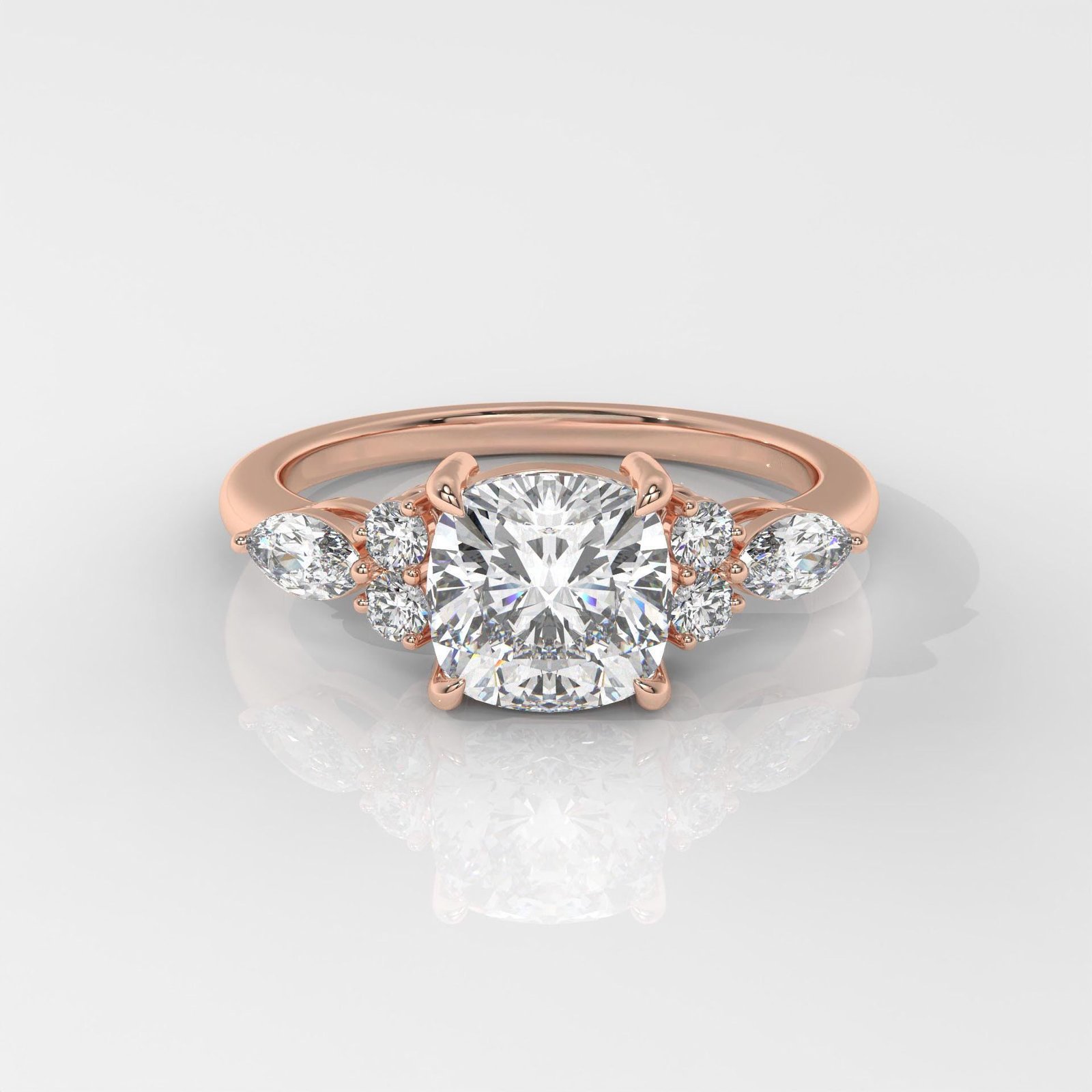 Square Cushion Engagement Ring with Marquise & Round Side Stones - Image 8