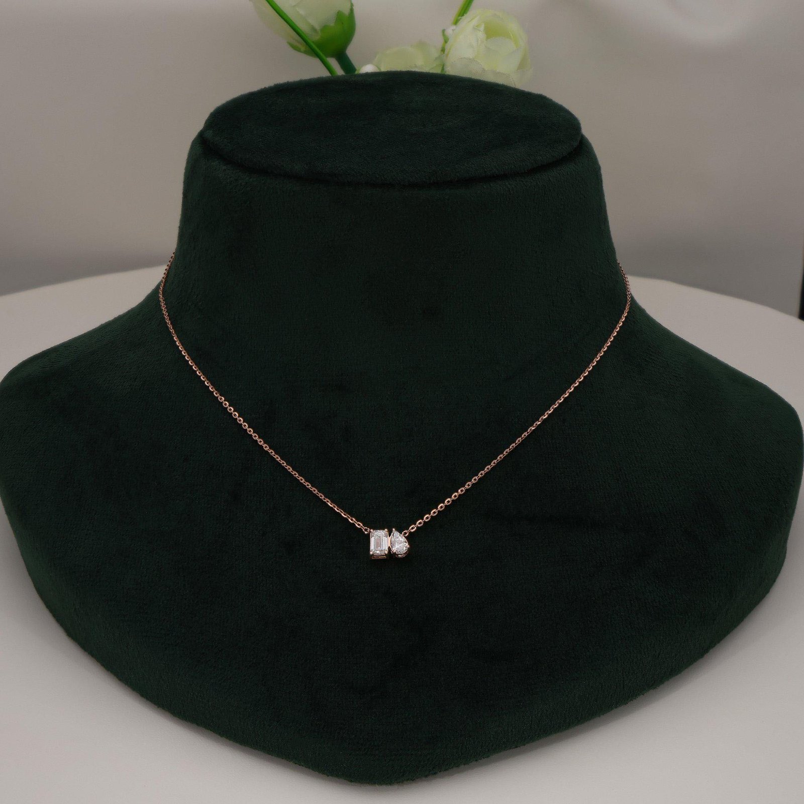 Pear & Emerald Cut Rose Gold Toi Et Moi Necklace - Image 2
