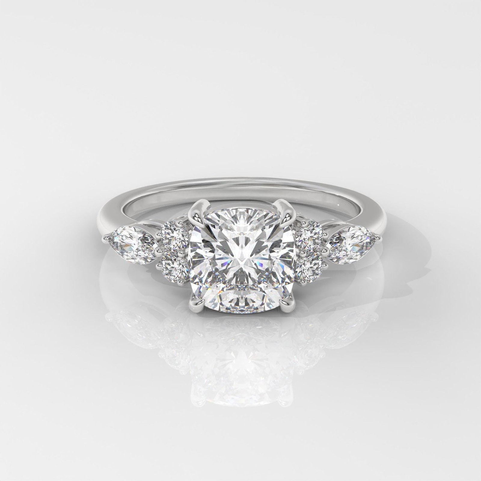 Square Cushion Engagement Ring with Marquise & Round Side Stones - Image 5