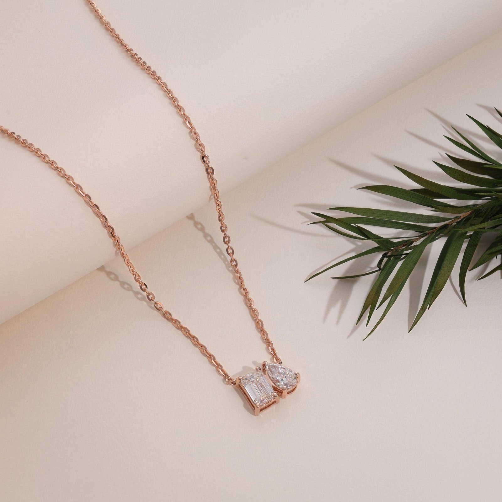 Pear & Emerald Cut Rose Gold Toi Et Moi Necklace - Image 3