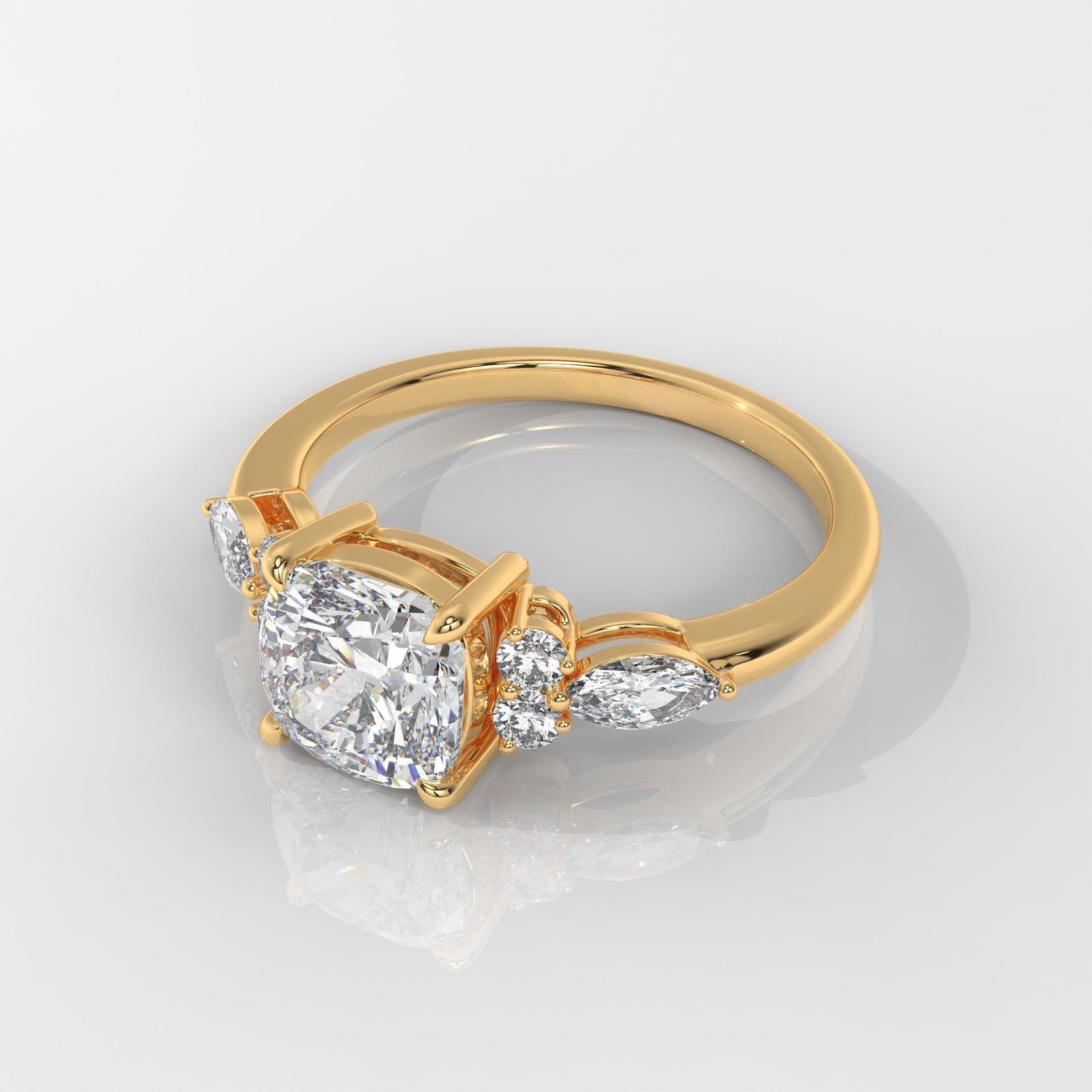 Square Cushion Engagement Ring with Marquise & Round Side Stones - Image 2