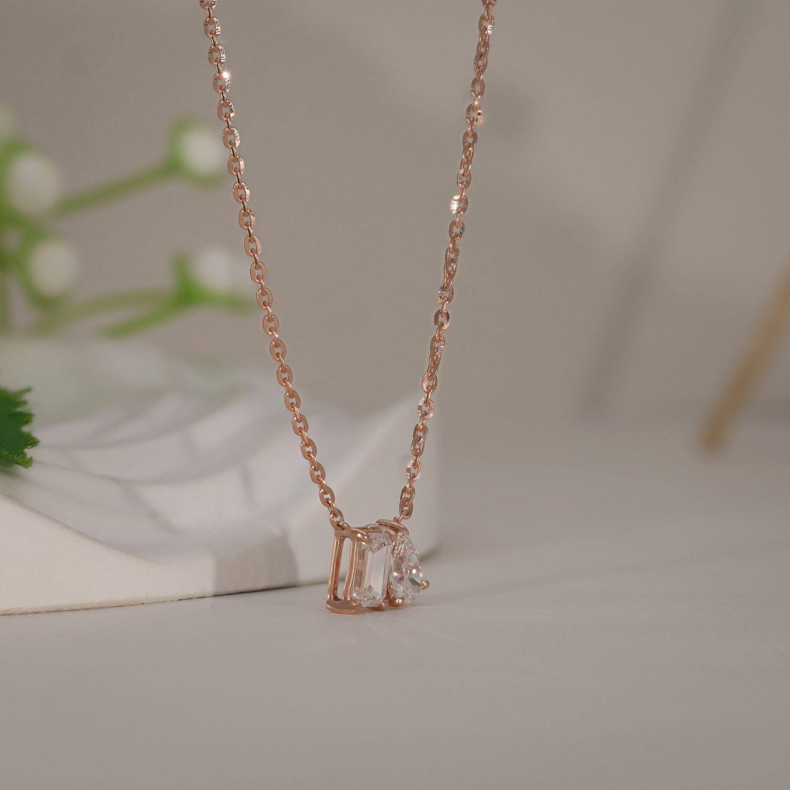 Pear & Emerald Cut Rose Gold Toi Et Moi Necklace - Image 4