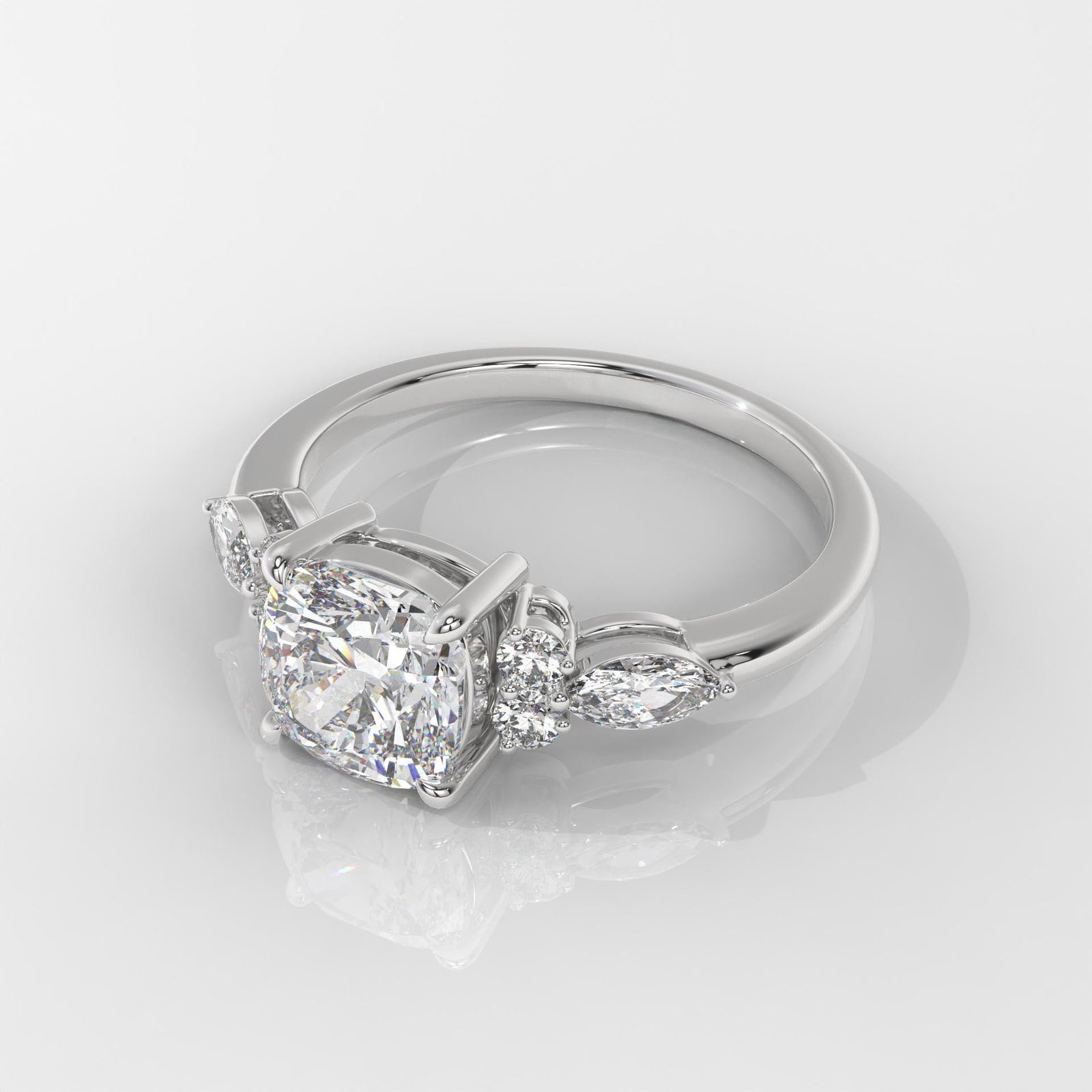 Square Cushion Engagement Ring with Marquise & Round Side Stones - Image 6