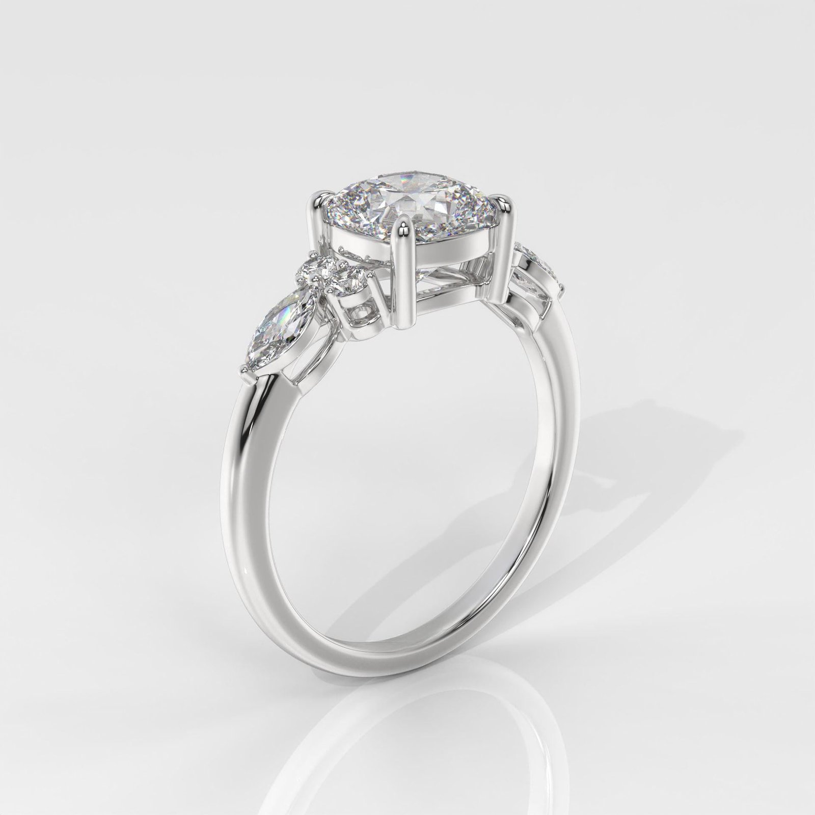 Square Cushion Engagement Ring with Marquise & Round Side Stones - Image 7