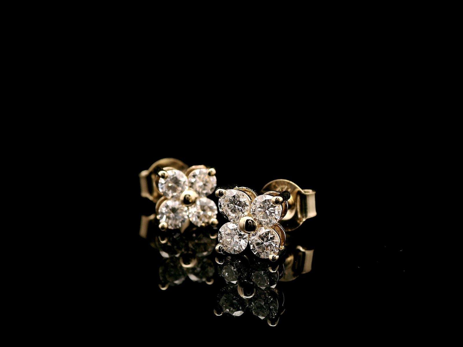 Yellow Gold Round Diamond Floral Studs - Image 4