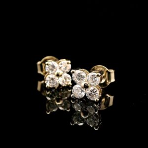 Yellow Gold Round Diamond Floral Studs
