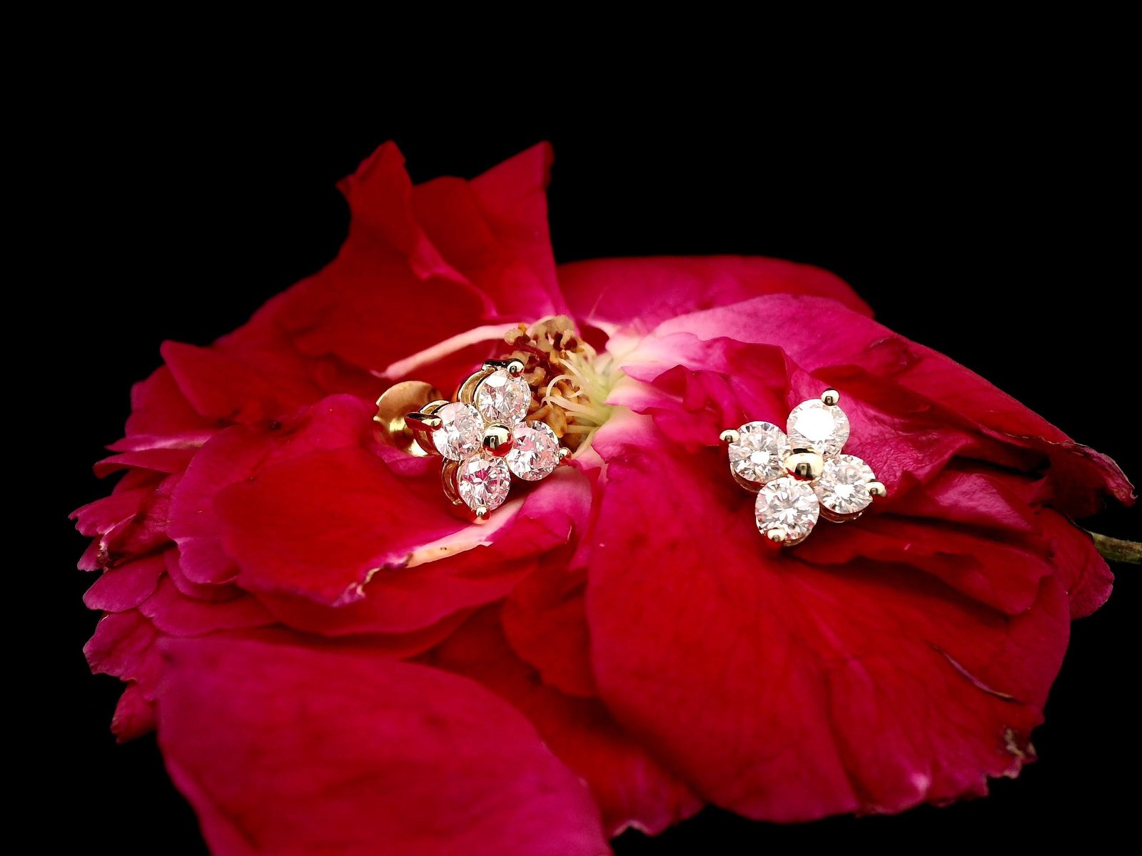 Yellow Gold Round Diamond Floral Studs - Image 2