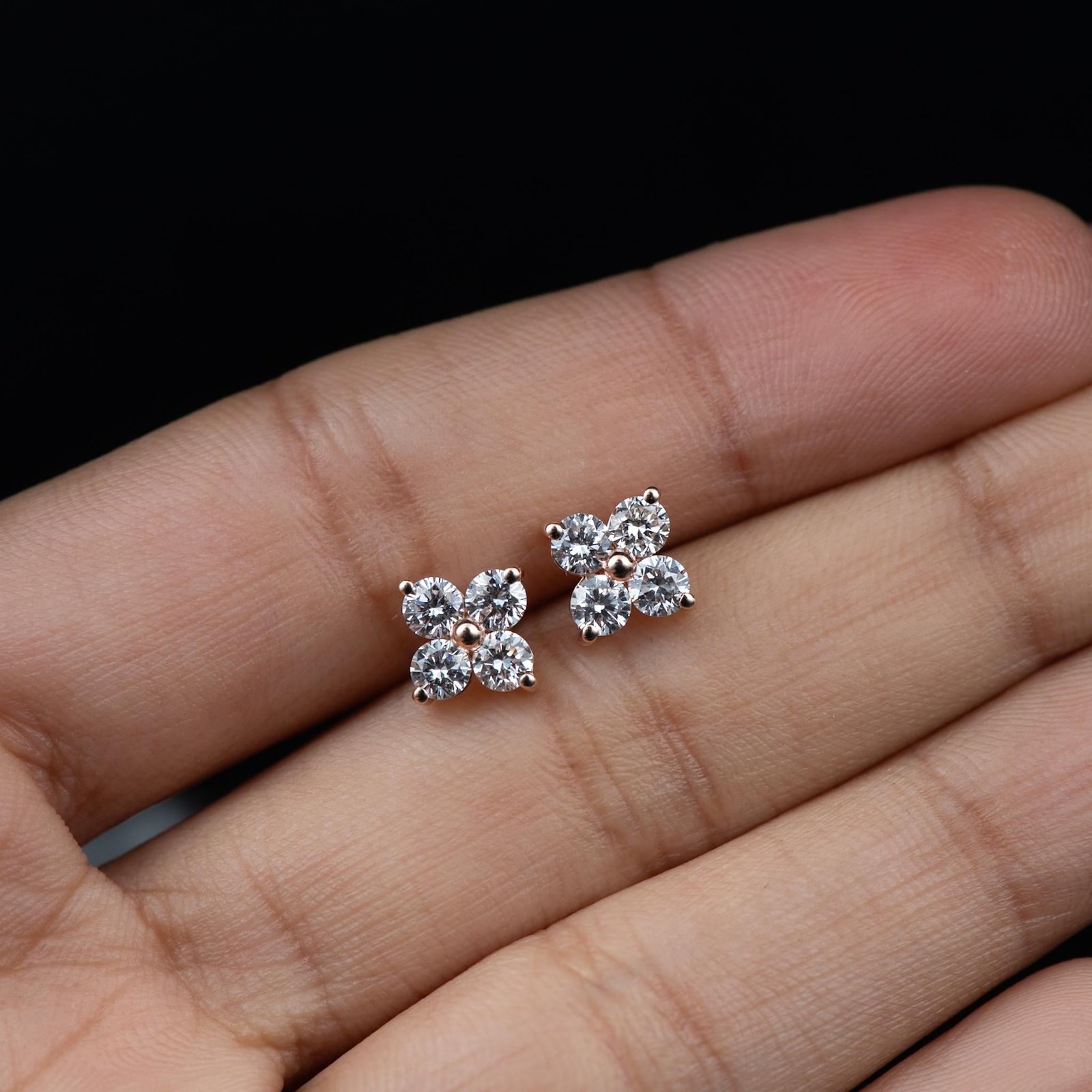 Yellow Gold Round Diamond Floral Studs - Image 9